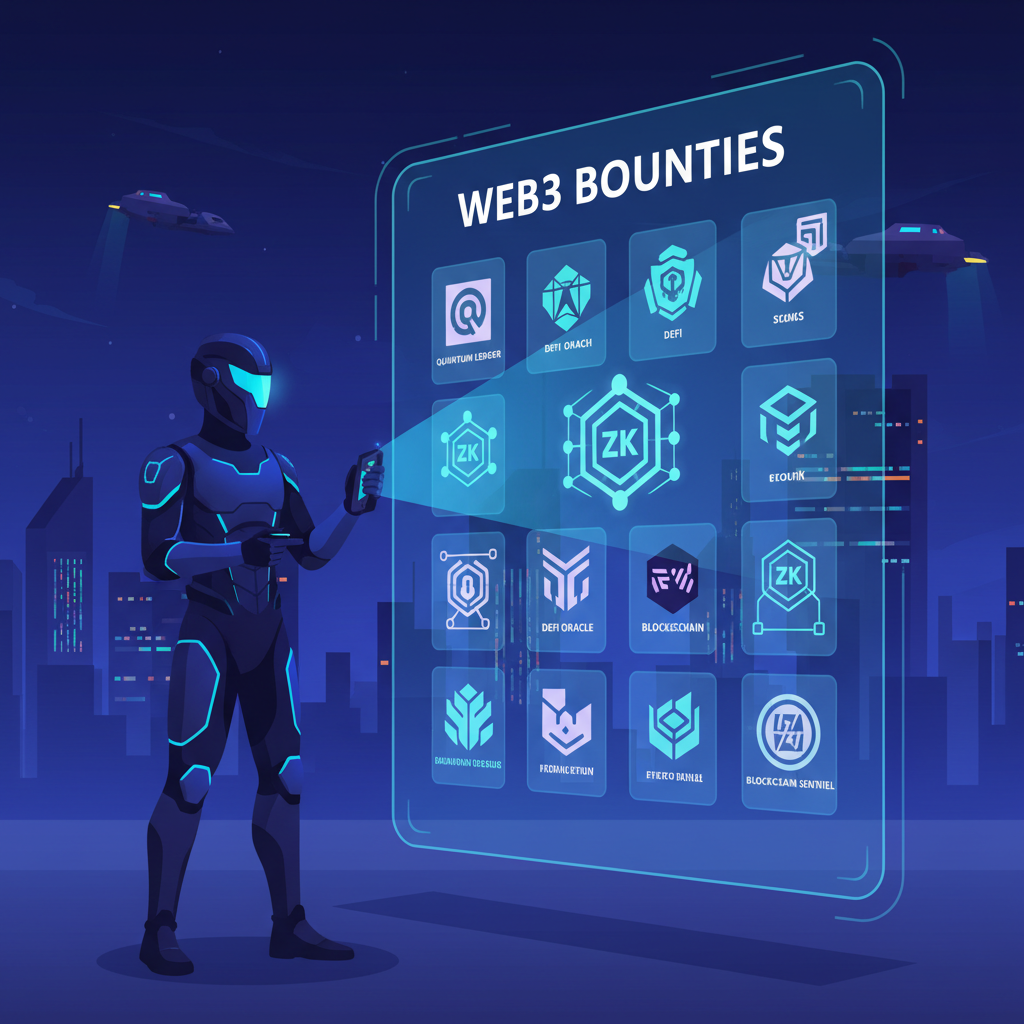 futuristic web3 bounty hunter scanning holographic bounty board with crypto projects and ZK icons