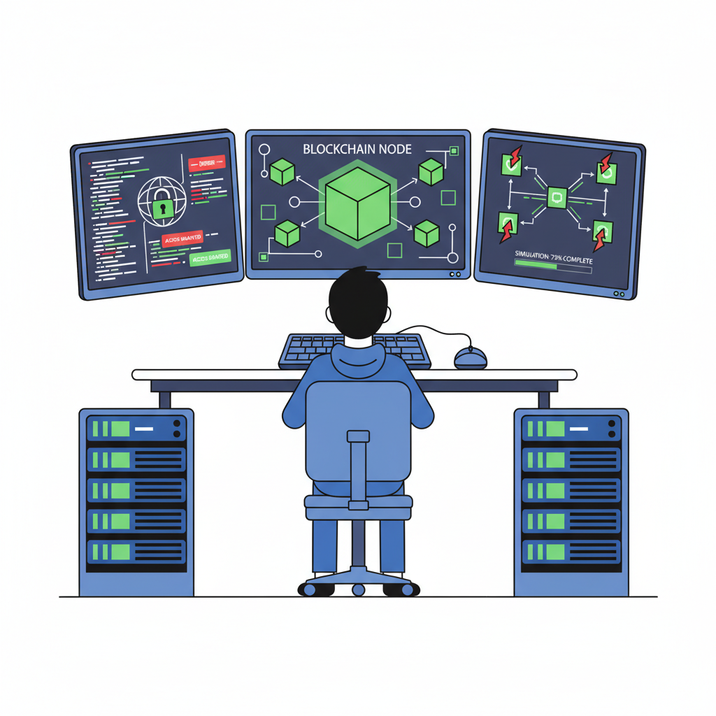 ethical hacker coding on multi-screen setup with blockchain nodes and exploit simulation visuals