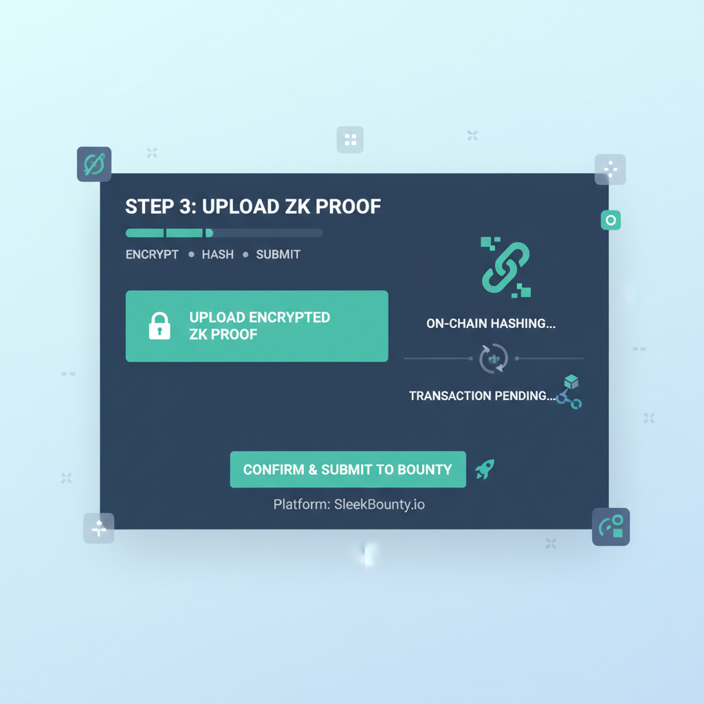 uploading encrypted ZK proof to sleek web3 bounty platform dashboard with on-chain hashing
