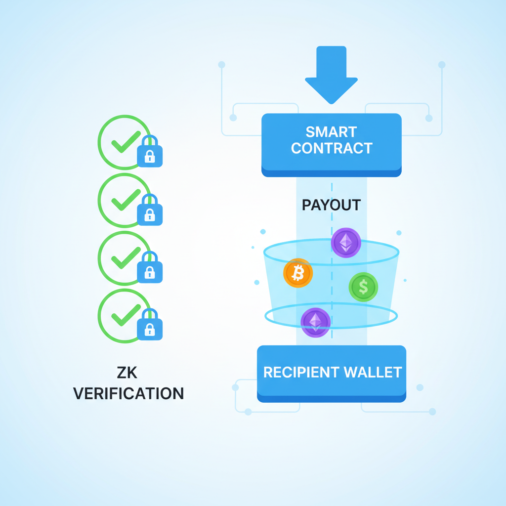 smart contract payout executing with ZK verification checkmarks and crypto tokens flowing