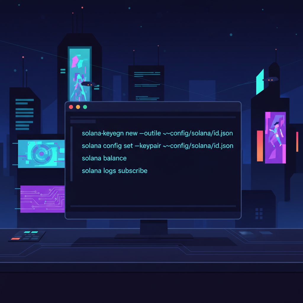 solana cli terminal command line interface on dark cyberpunk desktop
