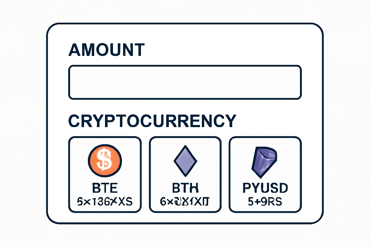 A form with fields for amount and cryptocurrency selection, showing BTC, ETH, and PYUSD, with price info displayed