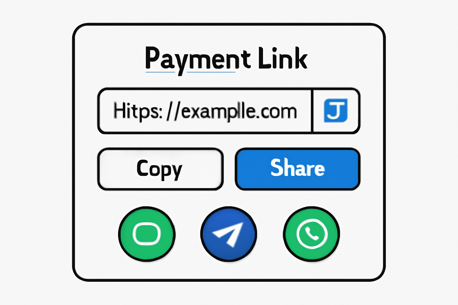 A generated payment link on screen, with options to copy or share via messaging apps, visually clear