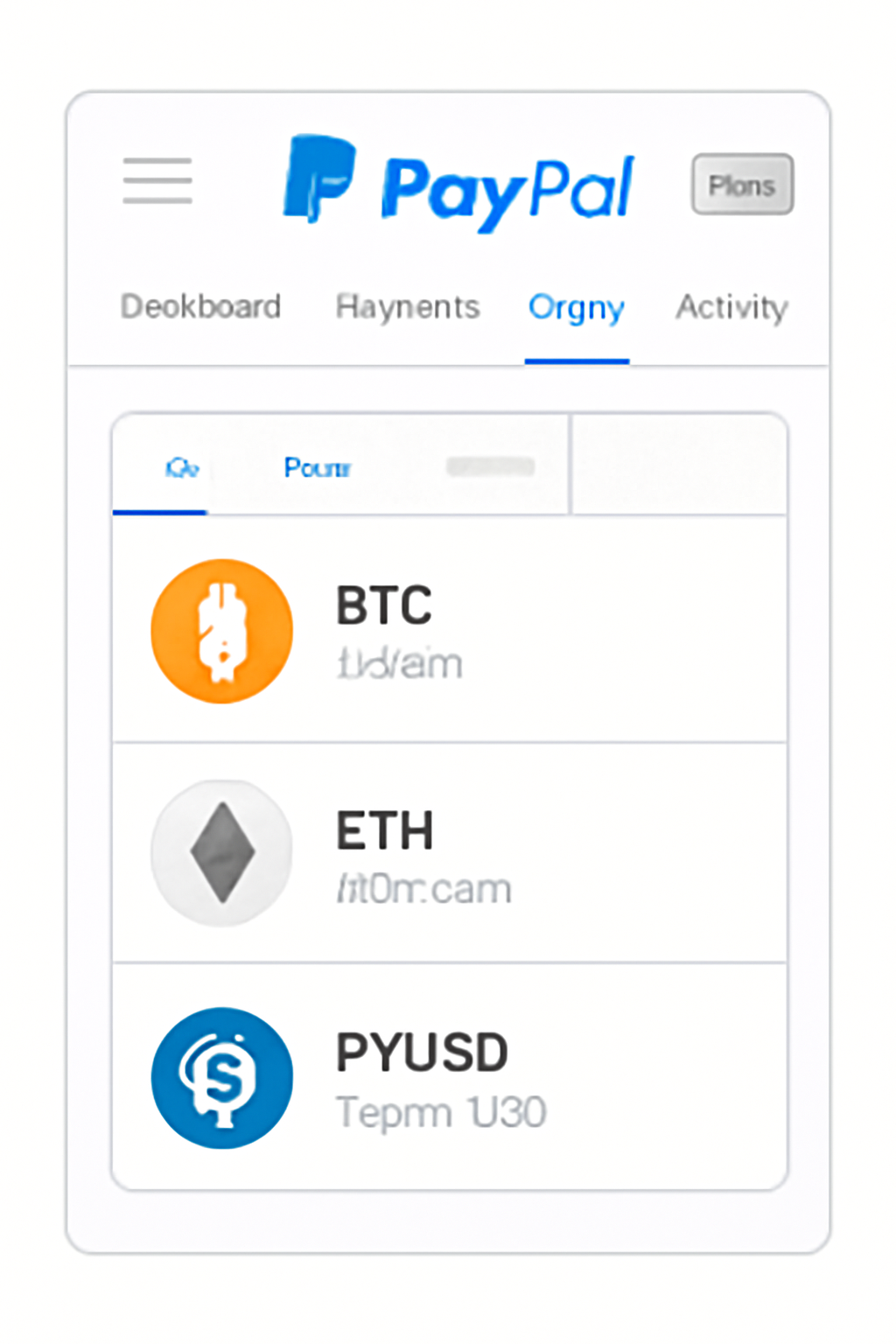 PayPal dashboard with the crypto tab selected, showing BTC, ETH, and PYUSD options, clean and user-friendly