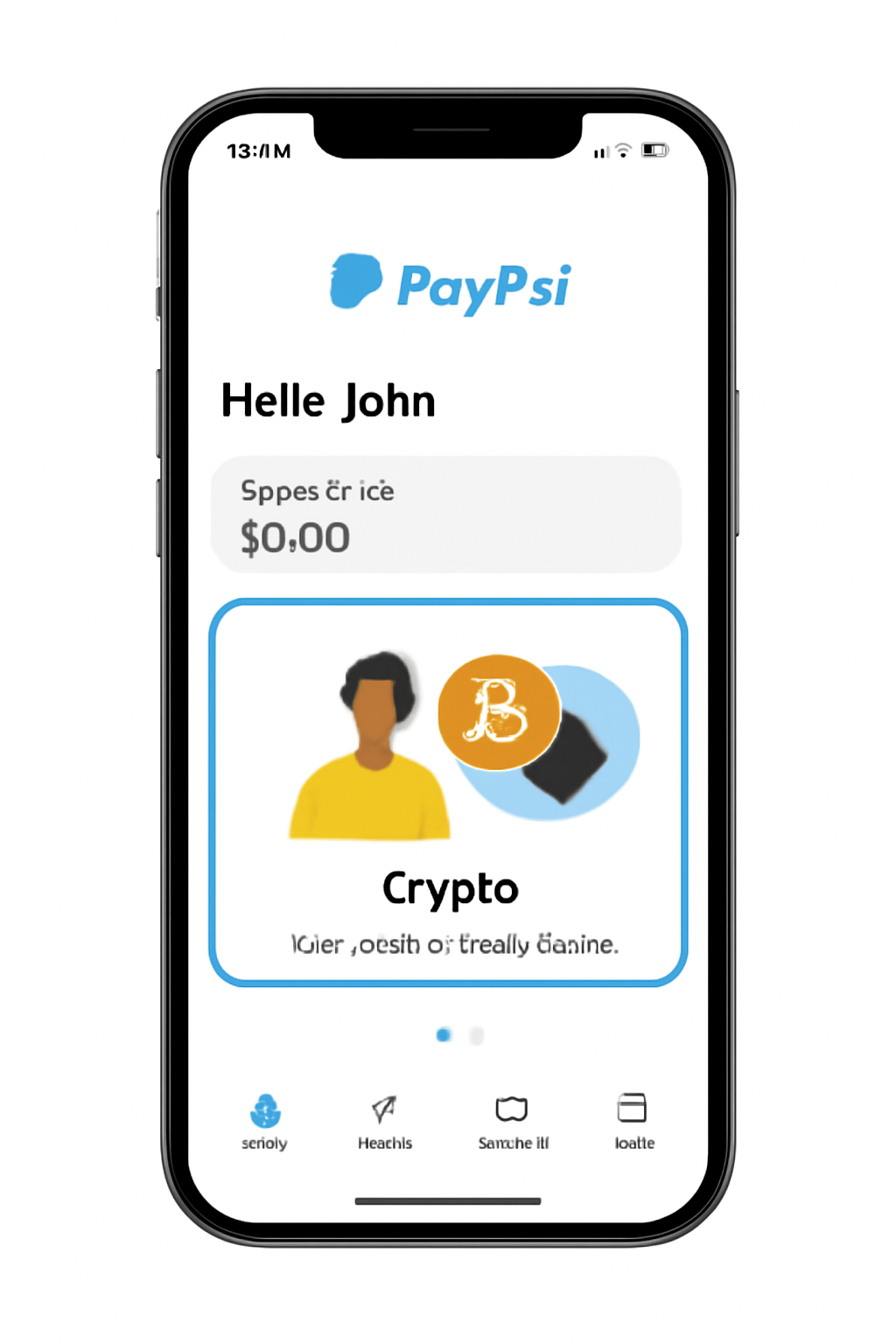 A smartphone displaying the PayPal app home screen with a highlighted crypto section, modern UI, clear and inviting