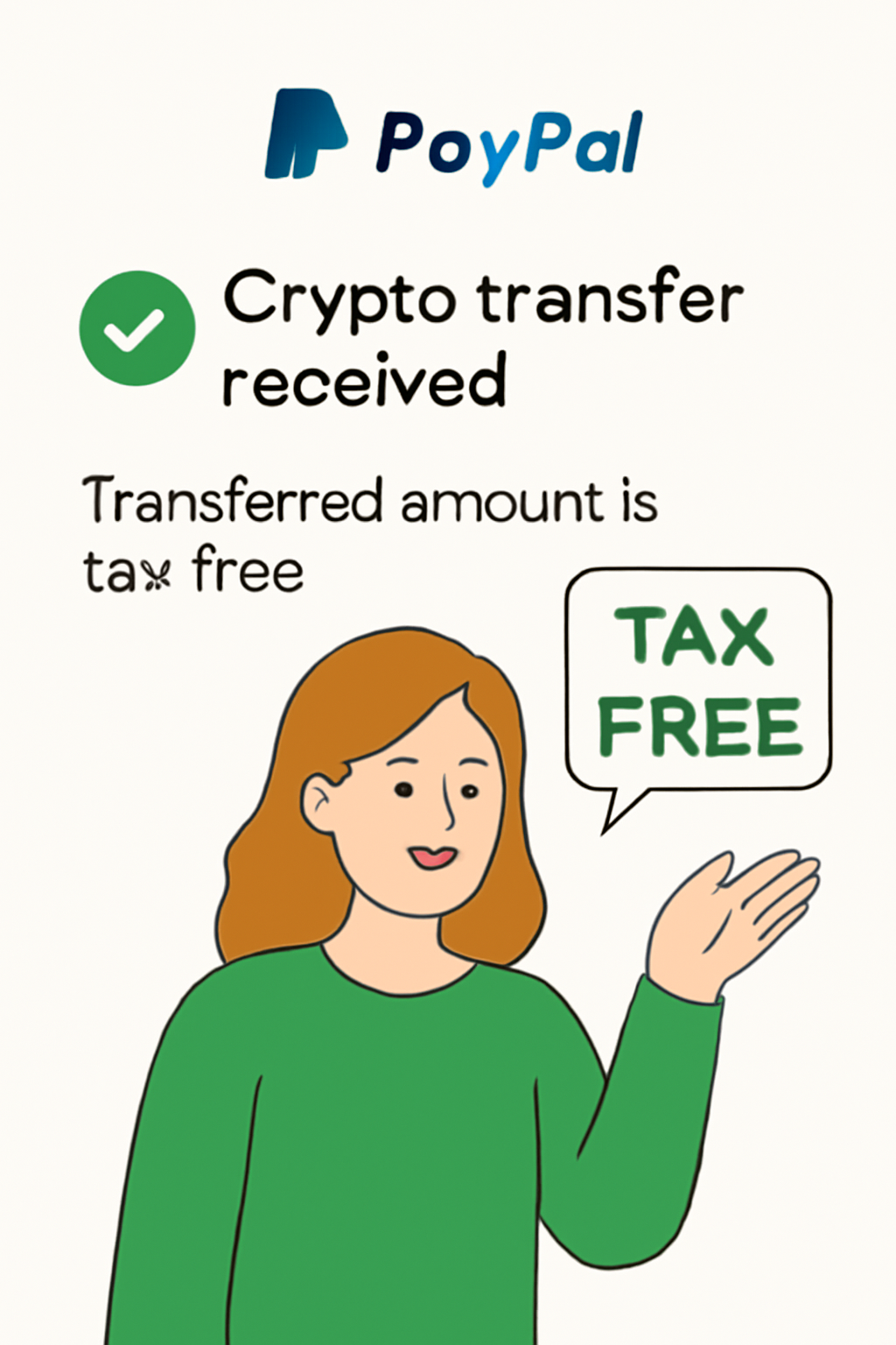 A recipient's view of the PayPal link, with confirmation of crypto transfer and a tax-free notice, friendly and reassuring