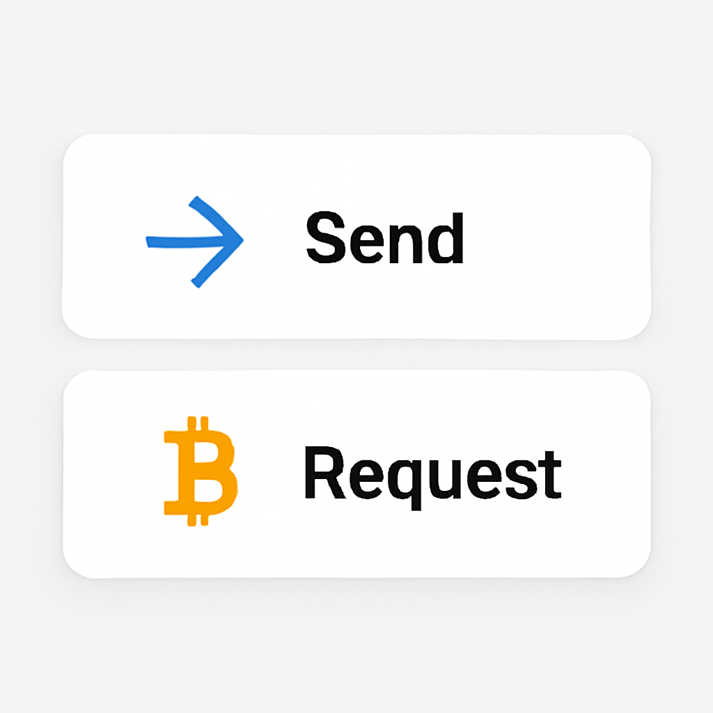 A user interface showing 'Send' and 'Request' buttons for crypto, with icons for each option, simple and clear