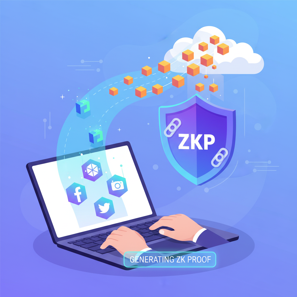 user generating ZK proof on laptop, Web2 icons flowing into blockchain shield, vibrant digital art