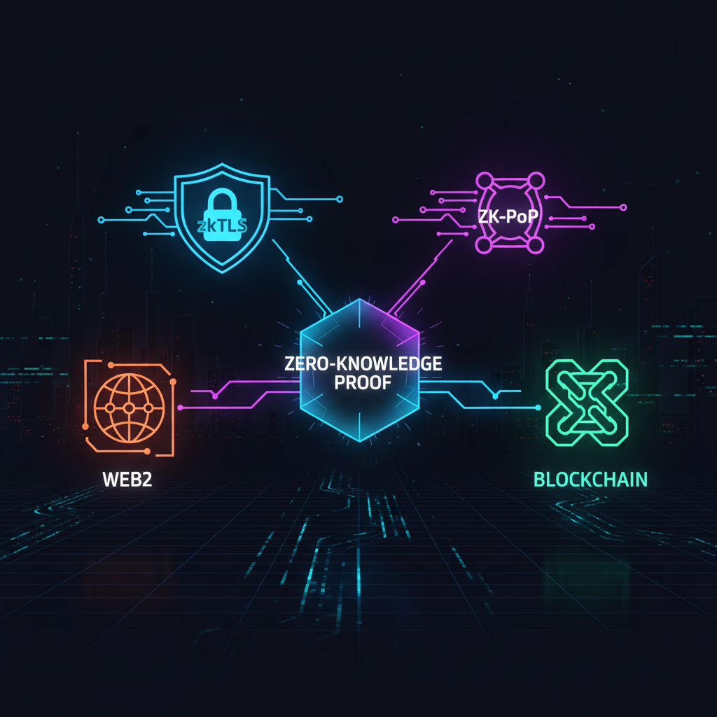 glowing zero-knowledge proof icons zkTLS ZK-PoP connecting Web2 to blockchain, neon cyberpunk style