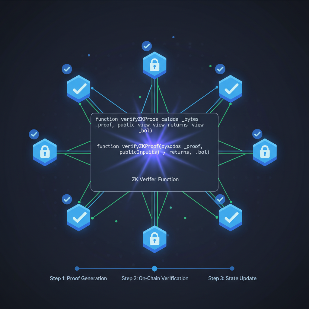Solidity smart contract code glowing with ZK verifier function, blockchain nodes verifying proofs