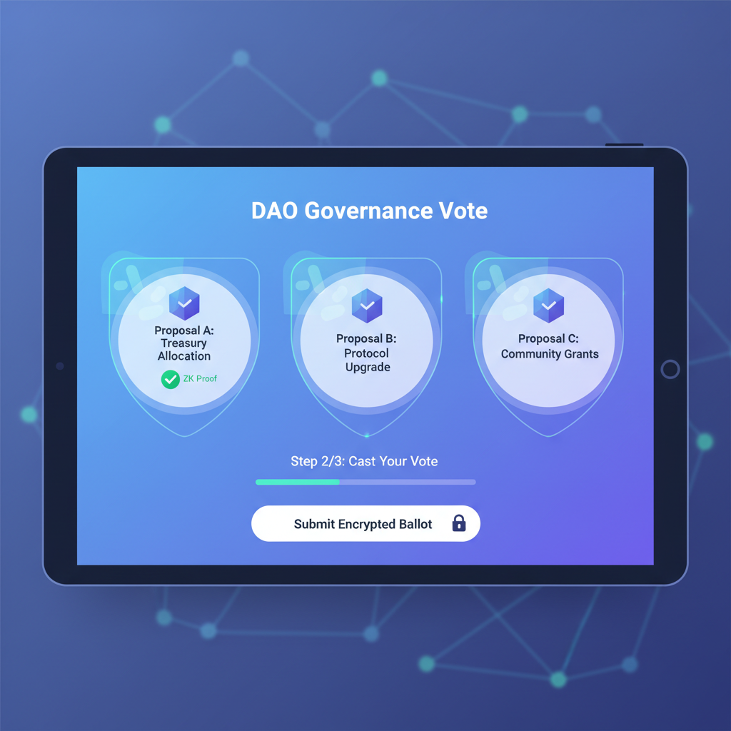DAO voting interface with ZK proof checkmark, ballots secured by privacy shields, elegant UI
