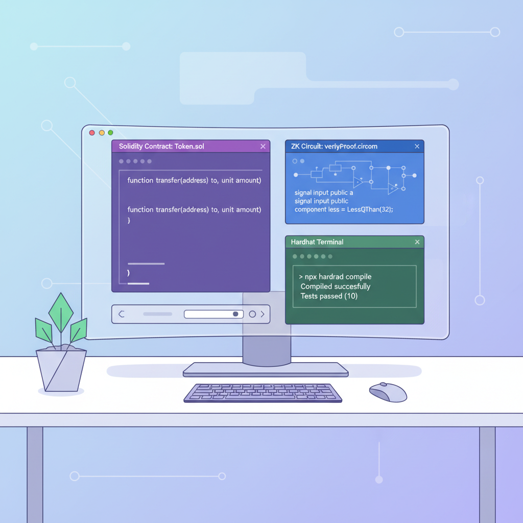 developer workstation with Solidity code, ZK circuits, Hardhat terminal, futuristic UI
