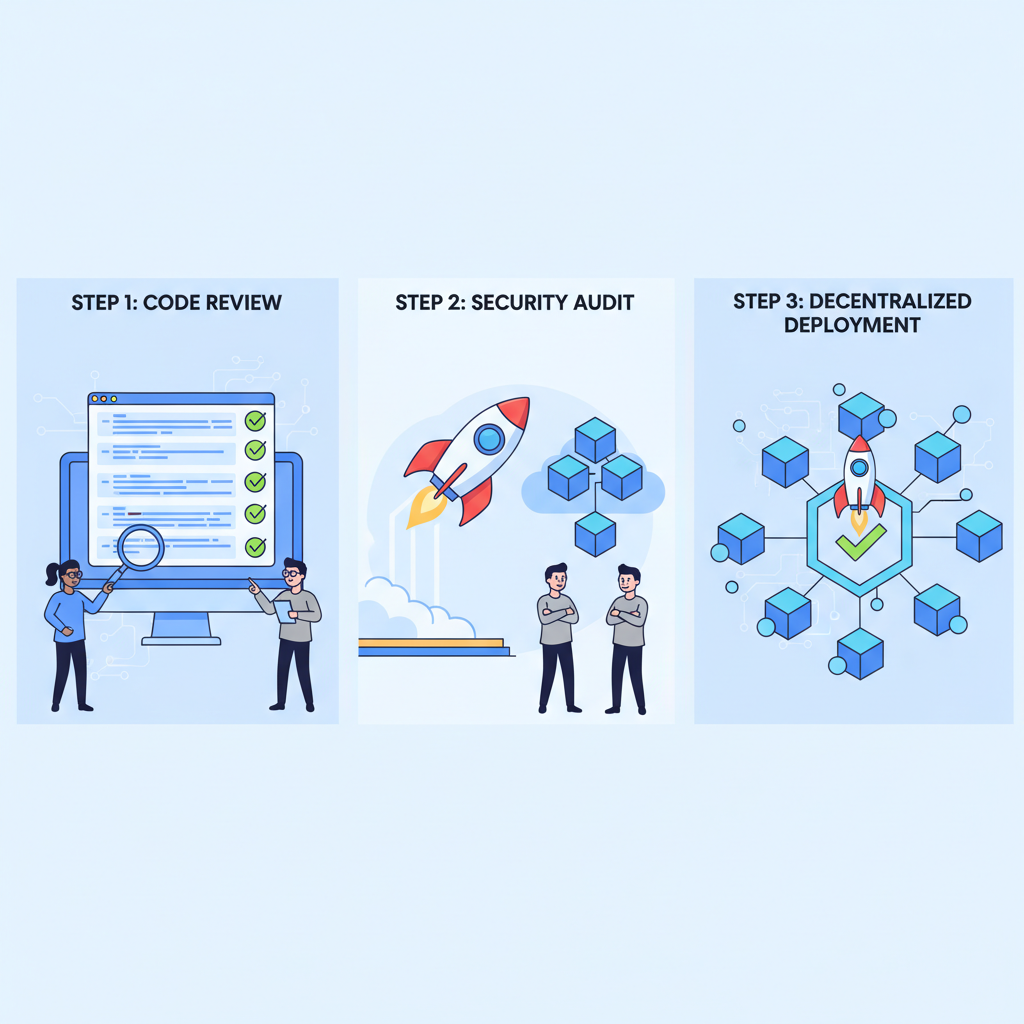 testing dashboard with green checks, auditors reviewing code, rocket launching to blockchain