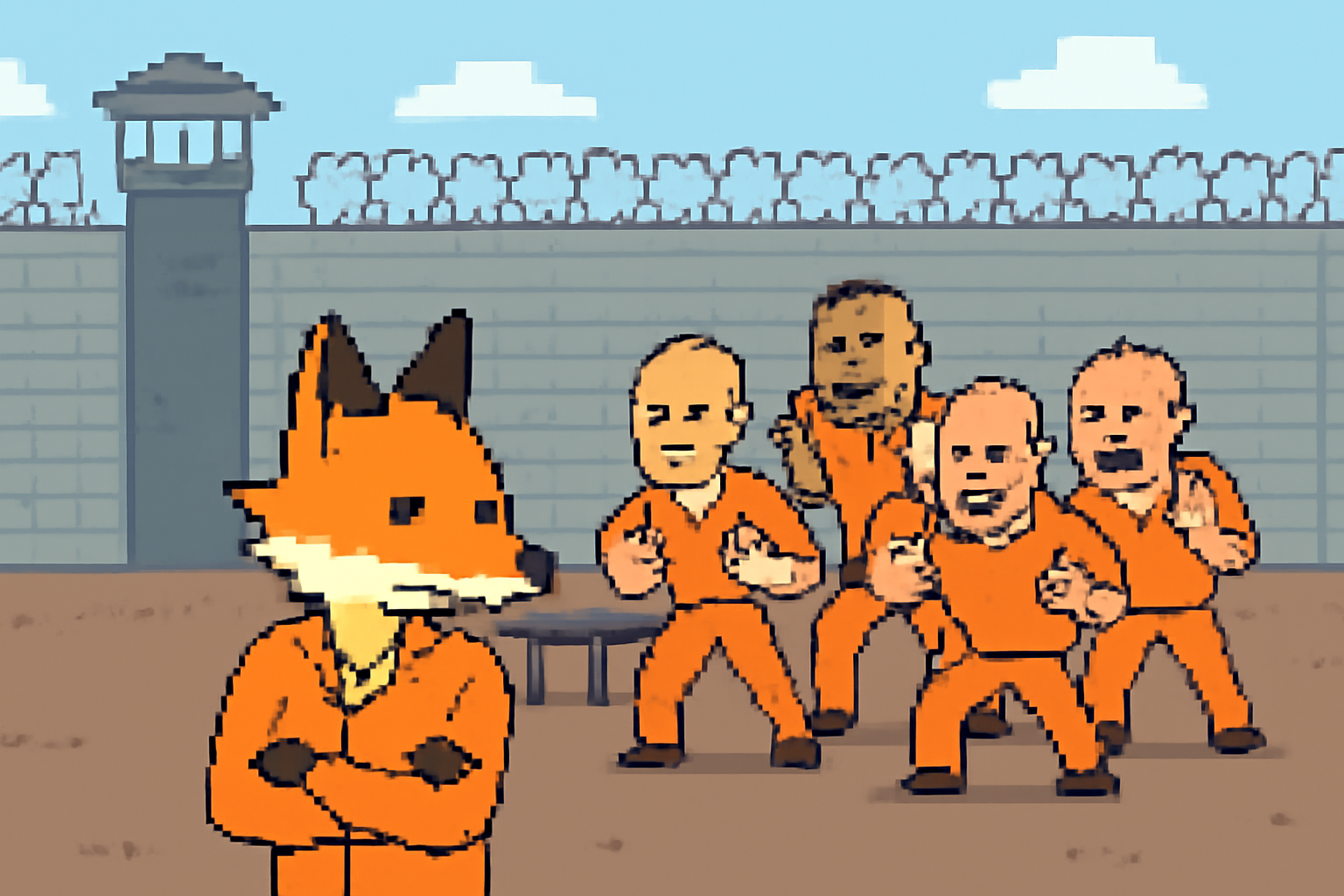 pixel art prison yard with a fox character turning away from a group of aggressive inmates, avoiding a fight