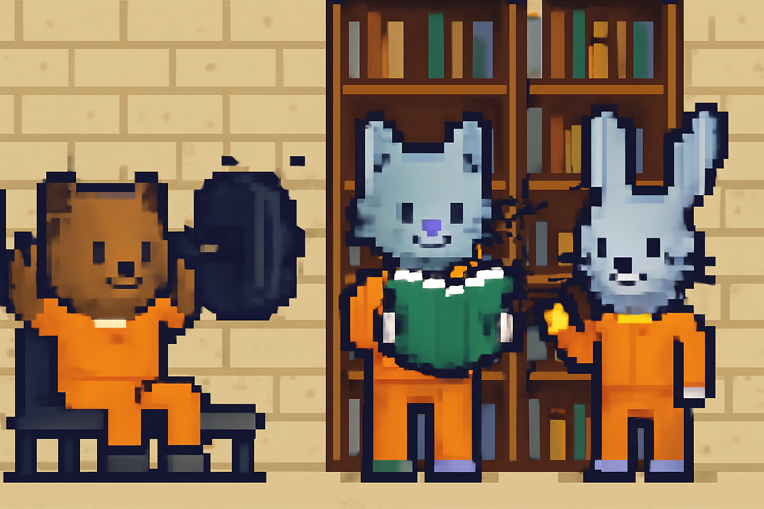 pixel art animal character lifting weights, reading books, and practicing charisma with other inmates in a prison gym and library