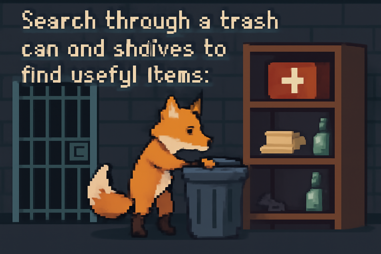 pixel art fox searching through a trash can and shelves in a dimly lit prison hallway, discovering useful items