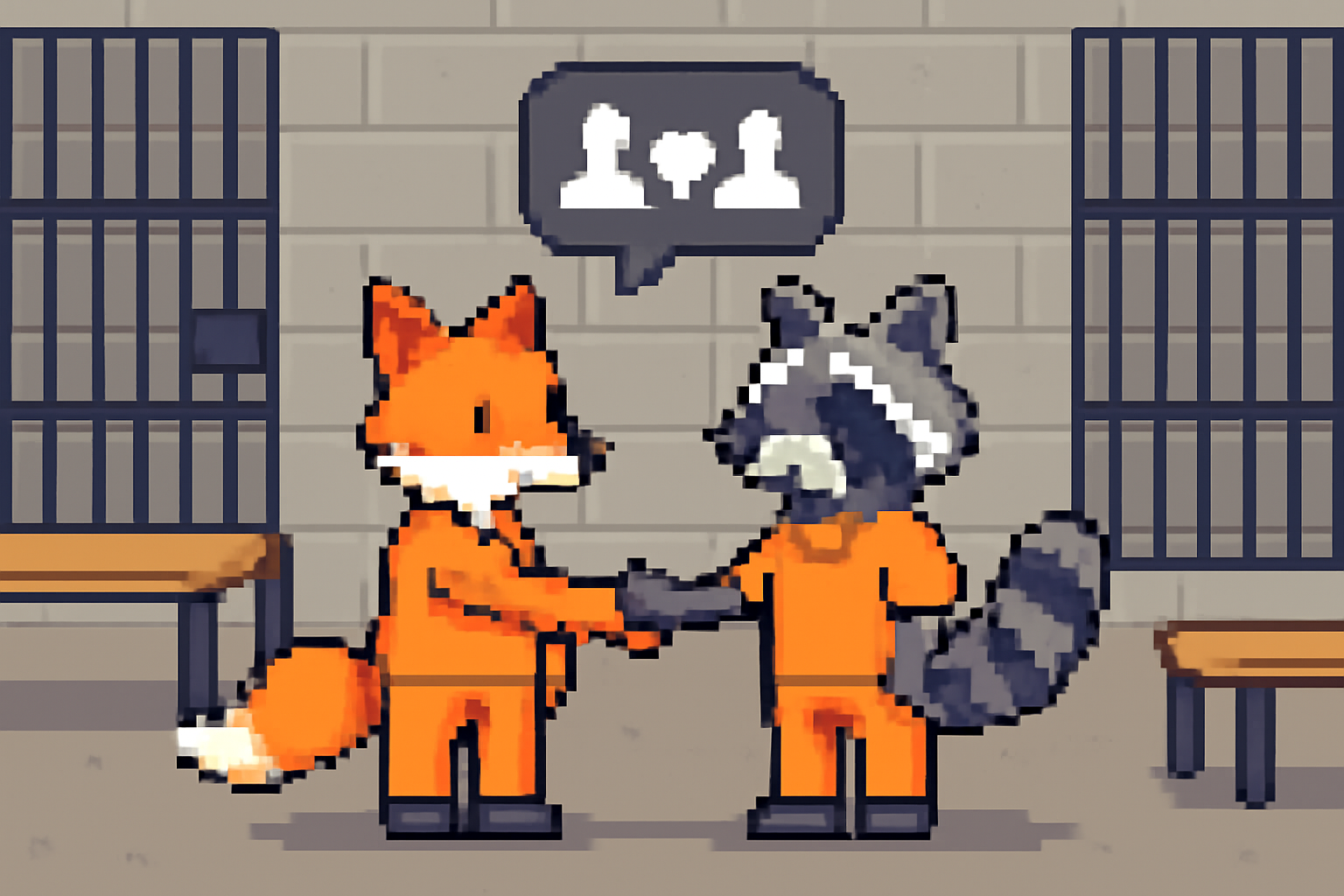 pixel art animal inmates shaking hands and talking in a prison common area, with friendship icons above their heads
