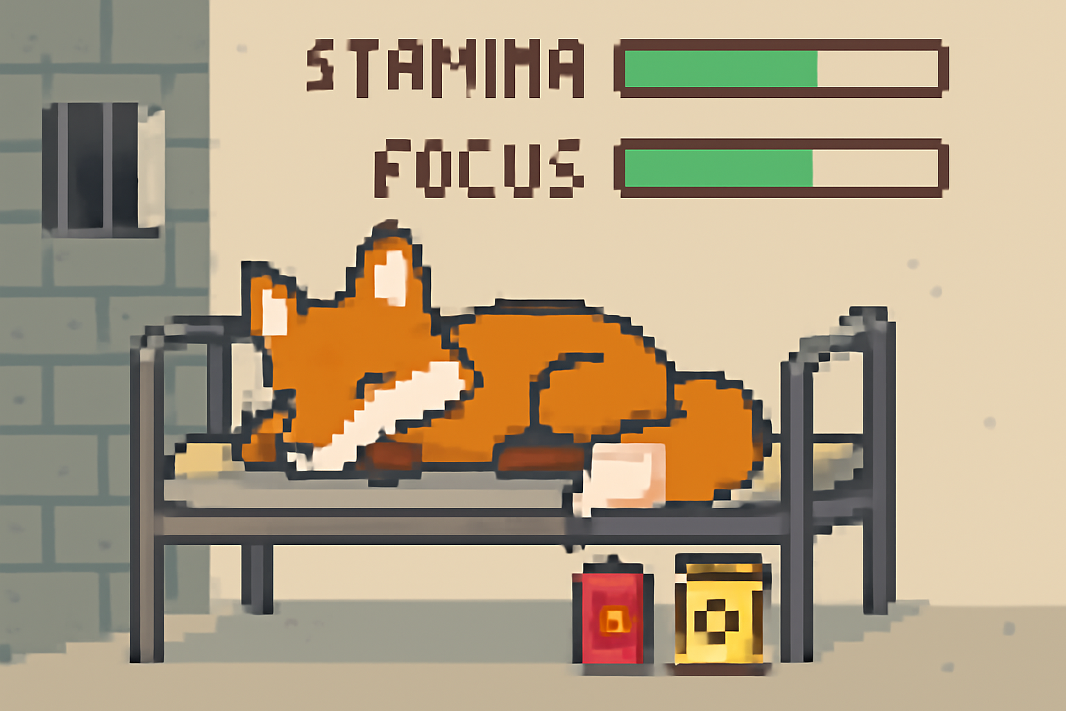 pixel art fox resting on a prison bunk, stamina and focus meters recharging, with energy drinks or snacks nearby