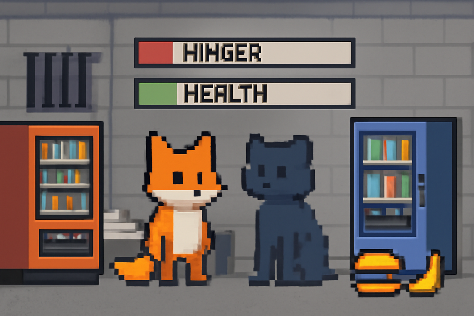 pixel art fox and panther checking hunger and health meters in a prison cell, with vending machines and food items nearby