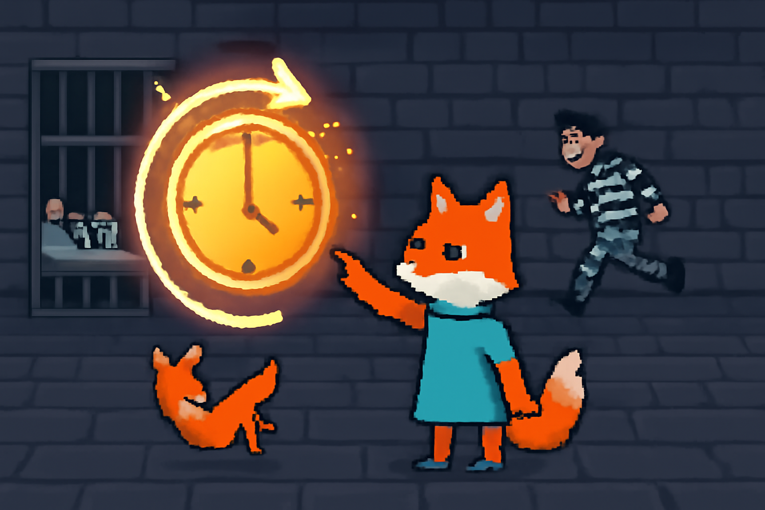 pixel art scene of a fox rewinding time in a prison, with a glowing clock and scenes reversing