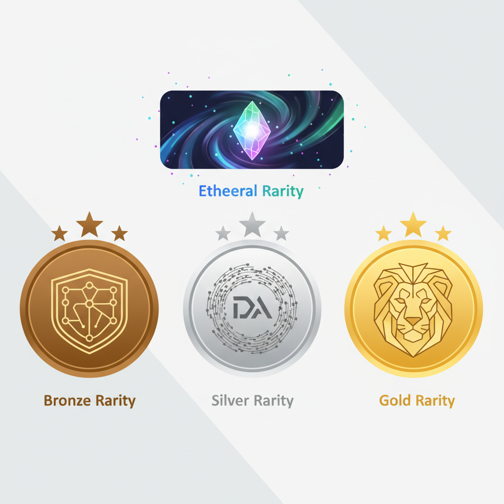 futuristic DAO governance NFT badges with rarity traits gold silver bronze glowing ethereal