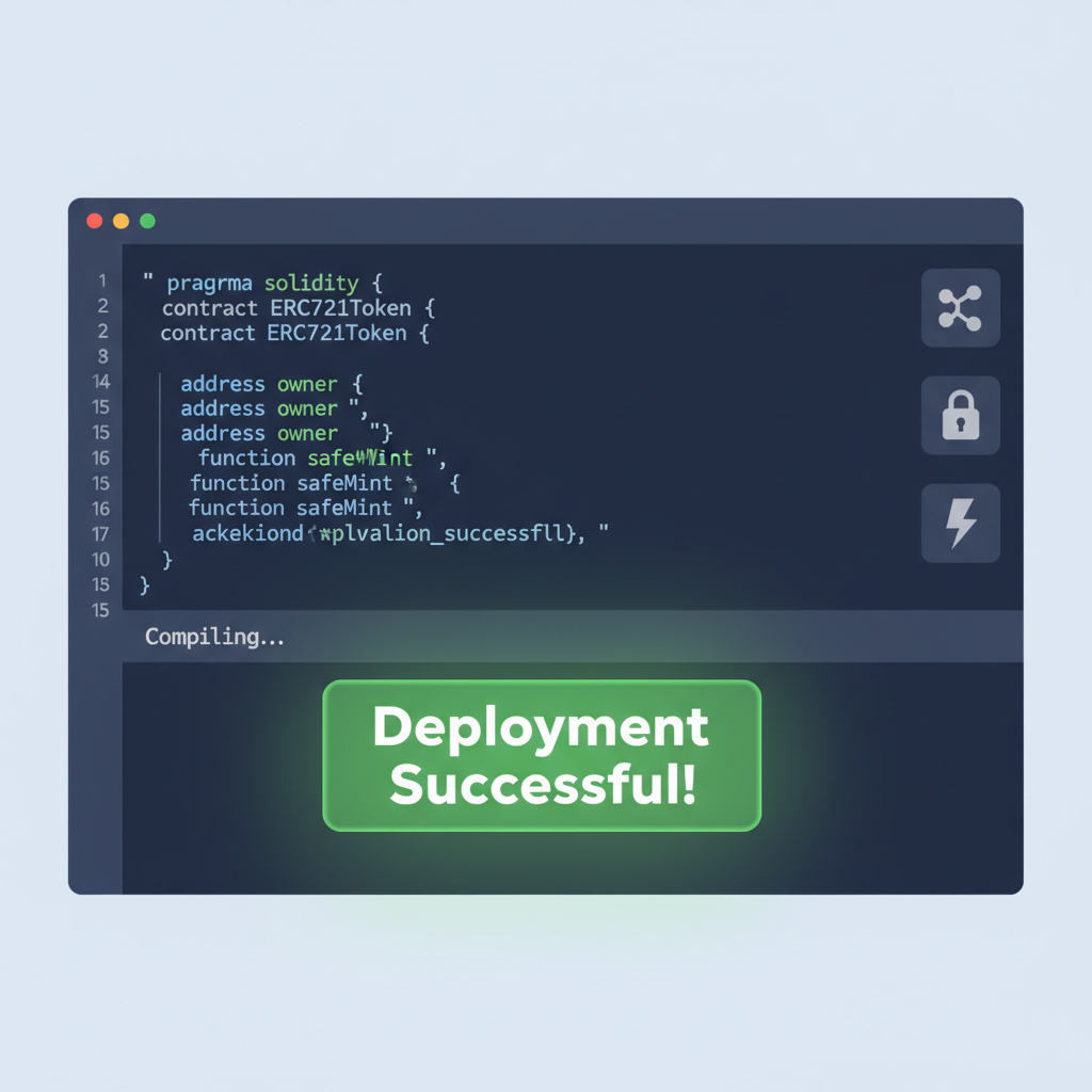 ethereum blockchain smart contract deployment code editor ERC721 glowing green success