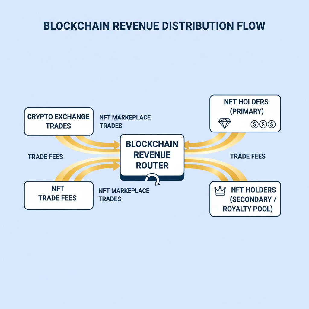 blockchain revenue router diagram fees flowing from trades to NFT holders golden streams