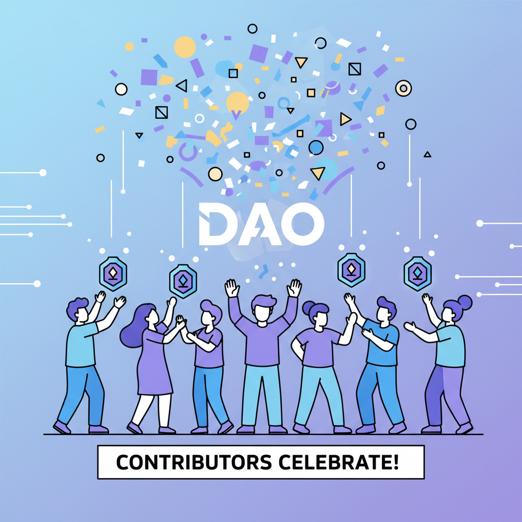 DAO NFT airdrop celebration contributors receiving glowing badges confetti explosion