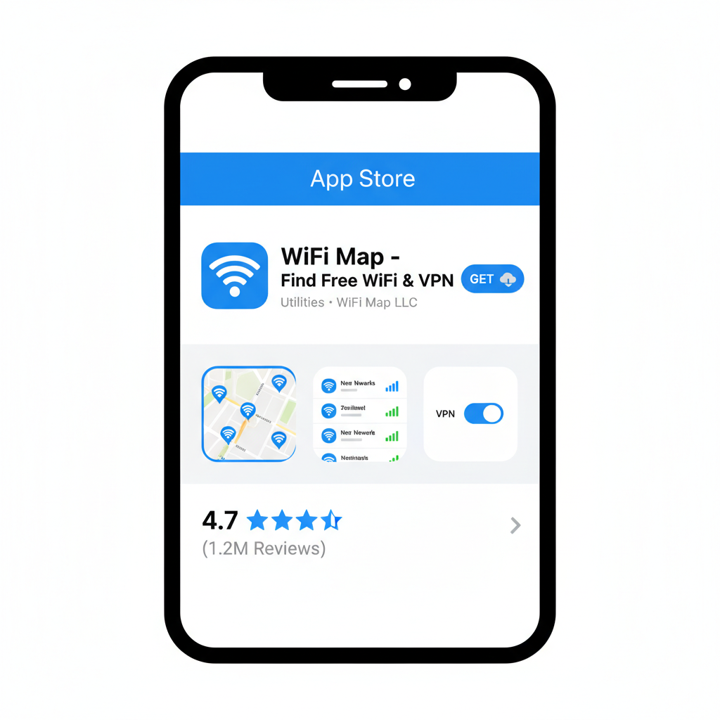 smartphone screen showing WiFi Map app download from app store, clean modern UI