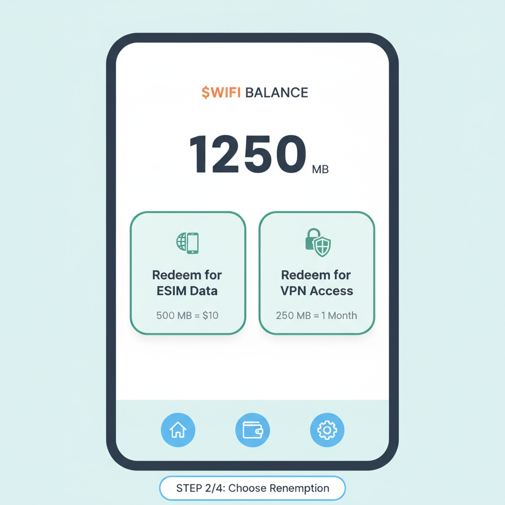 app screen showing $WIFI balance redemption options for eSIM and VPN