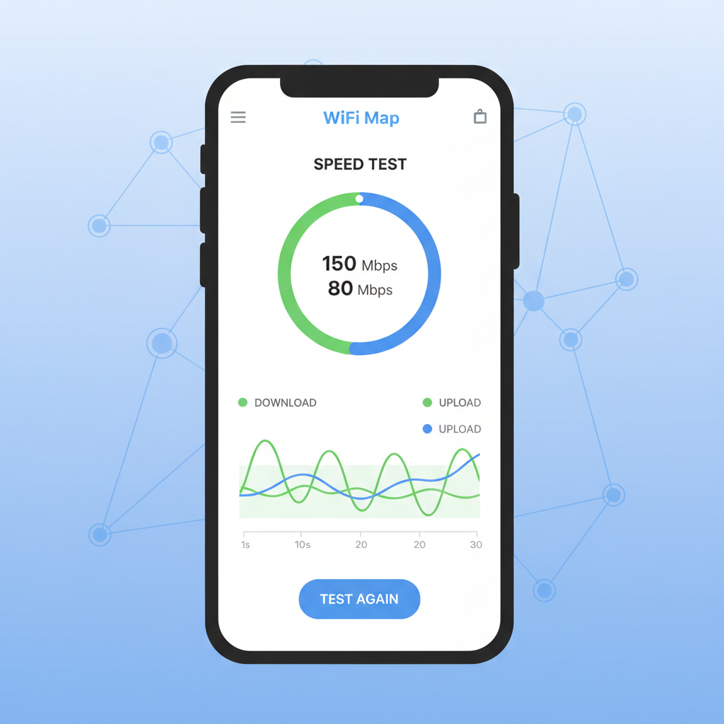 speed test running on WiFi Map app showing download upload speeds graph