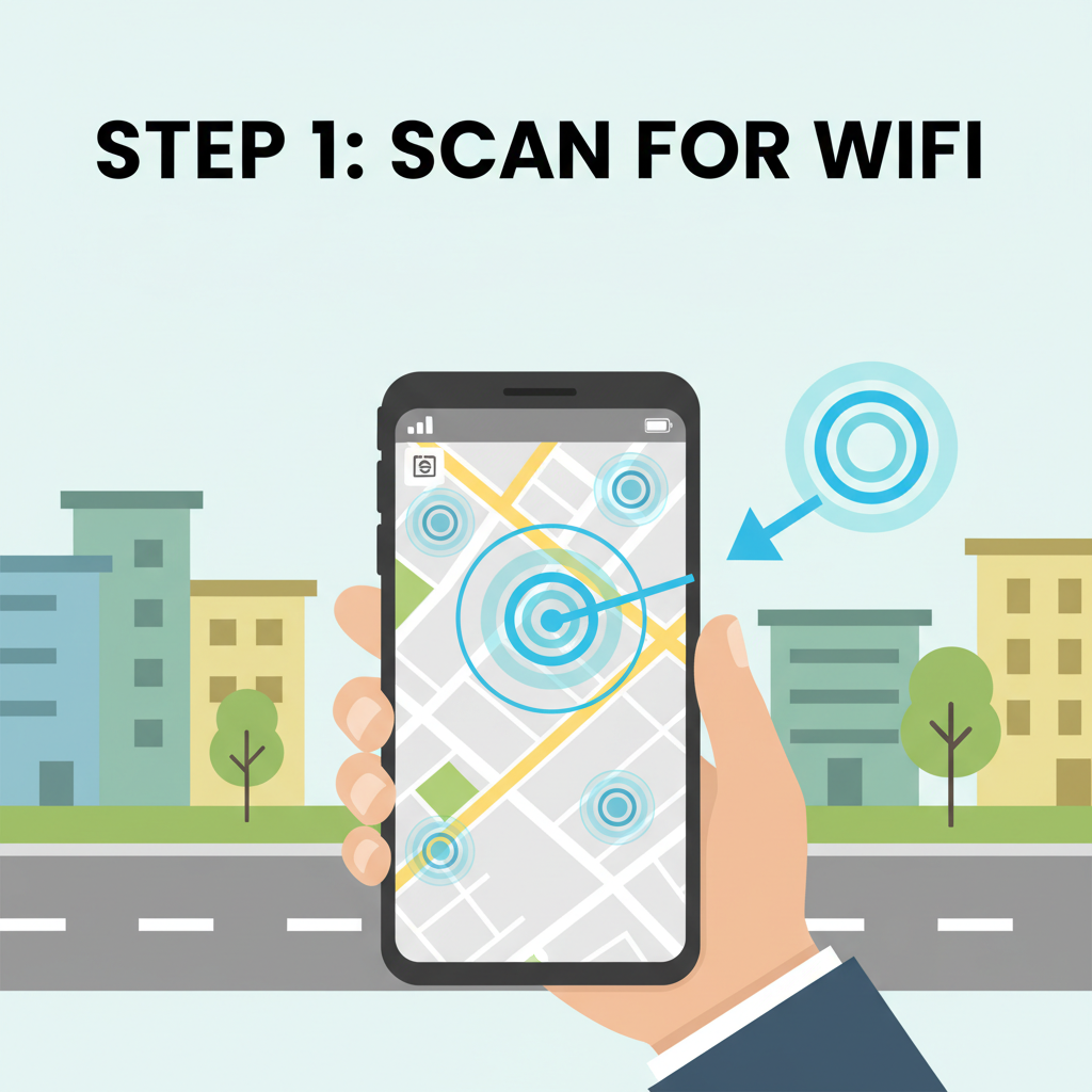 person holding phone scanning WiFi hotspots on street map view