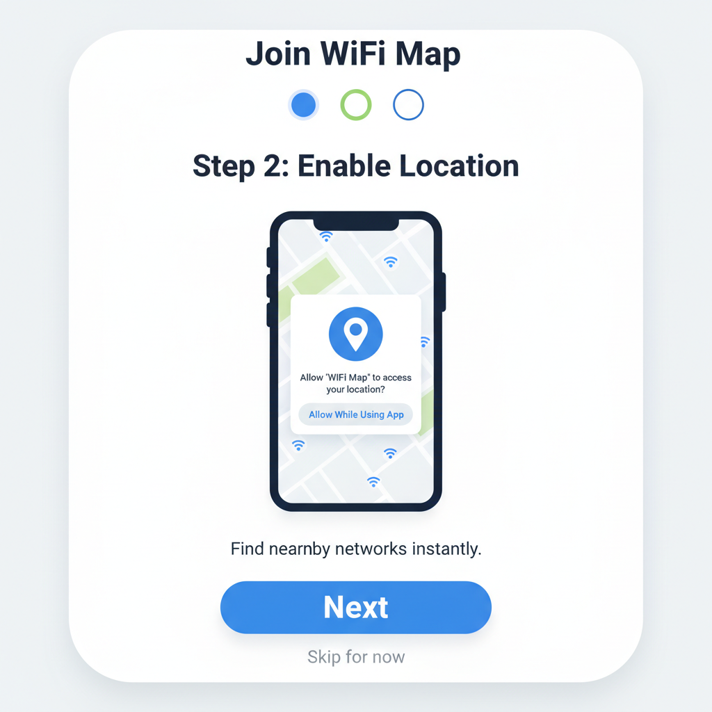 mobile app interface for WiFi Map signup screen with location permission prompt