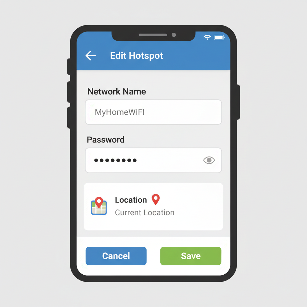 closeup of phone screen editing WiFi hotspot details like password and location pin