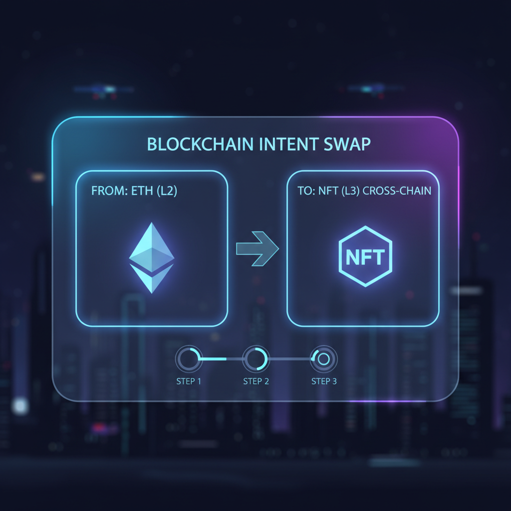 futuristic user interface declaring blockchain intent swap ETH to NFT cross-chain L2 L3, neon glow, holographic display