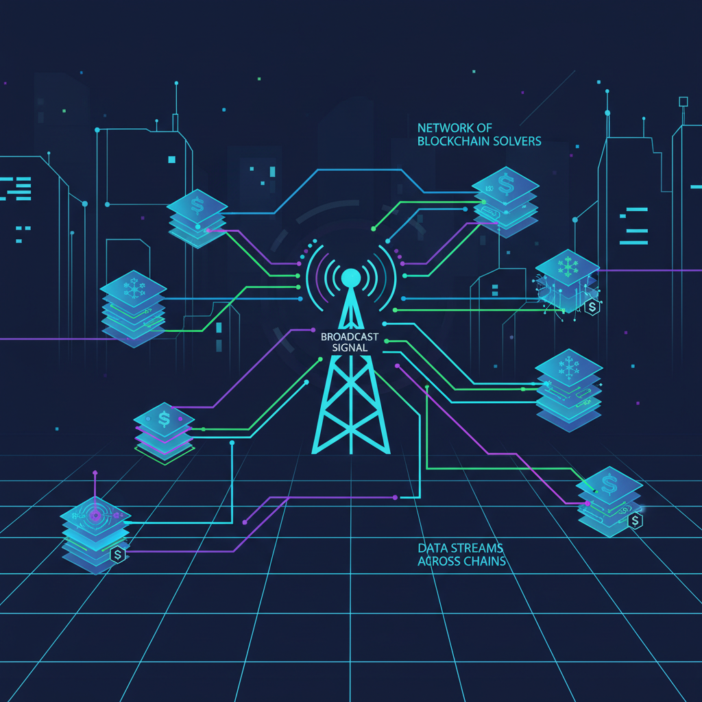network of blockchain solvers receiving broadcast signal, data streams across chains, cyberpunk style