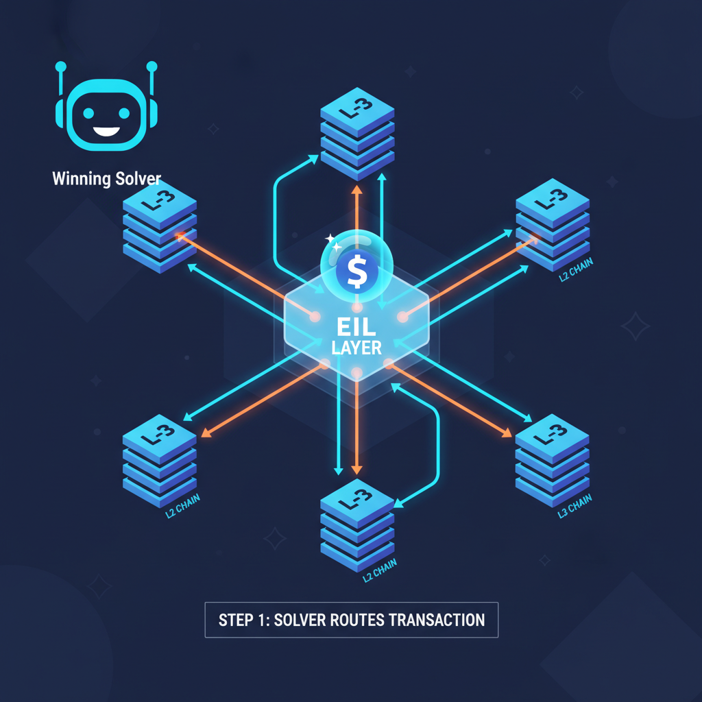winning solver routing transaction through EIL layer, bridges connecting L2 L3 chains, glowing pathways