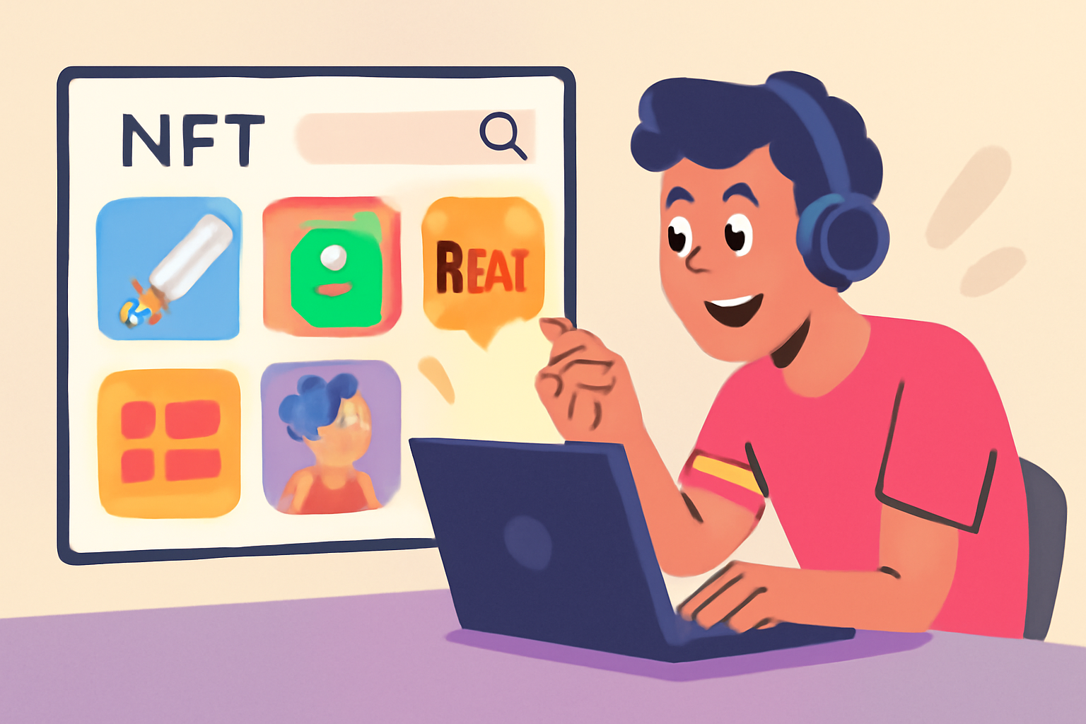 A gamer browsing a marketplace of colorful NFT items and characters, excitedly selecting one to rent, dynamic and fun