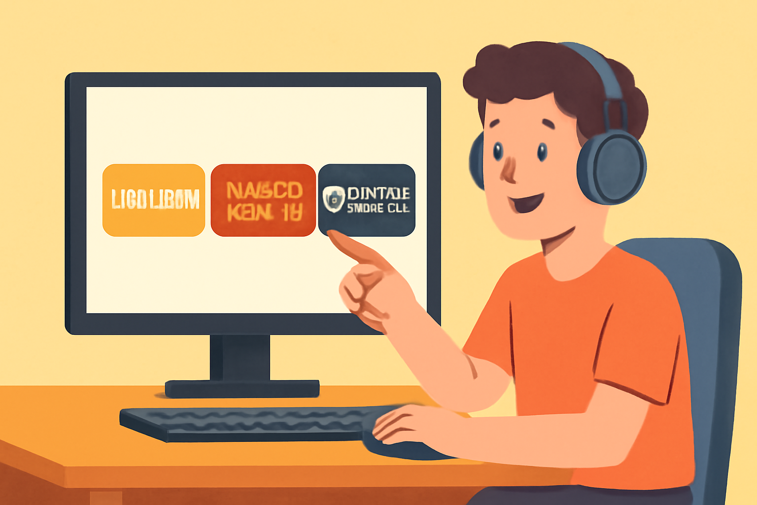 A friendly gamer choosing between LootRush, Undead Blocks, and Polemos' Armory platforms on a computer screen, vibrant and inviting style