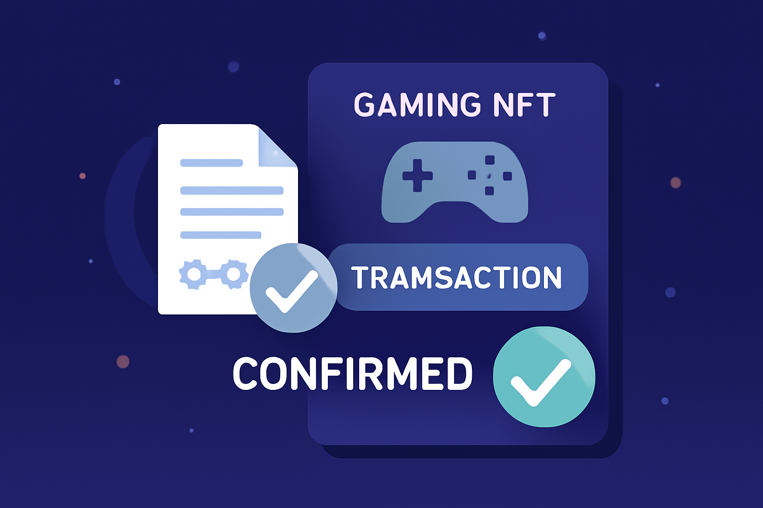 A digital transaction being confirmed on a gaming NFT platform, with a smart contract symbol and confirmation tick, futuristic style