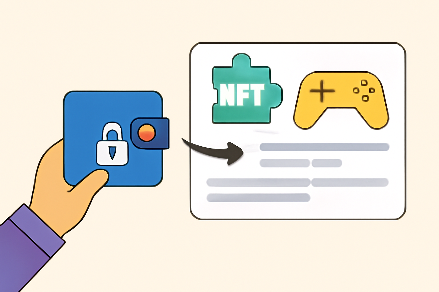 A user connecting their crypto wallet to an NFT gaming platform, clear wallet icons and security padlock, digital art