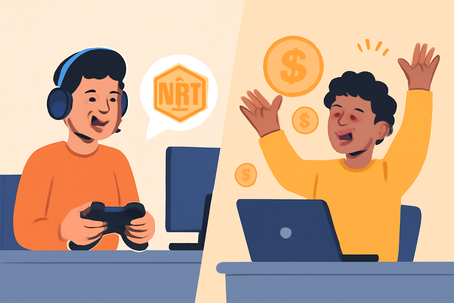 A happy gamer using a rented NFT in-game, and an owner celebrating passive income, both smiling, vibrant and positive