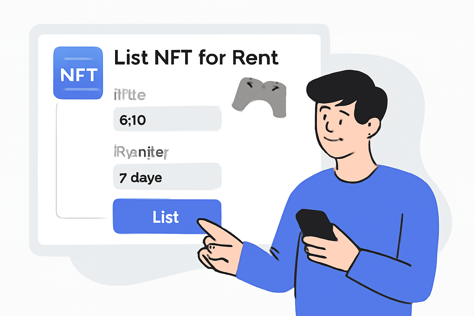 A digital asset owner listing an NFT for rent on a gaming platform interface, showing price and duration fields, modern UI