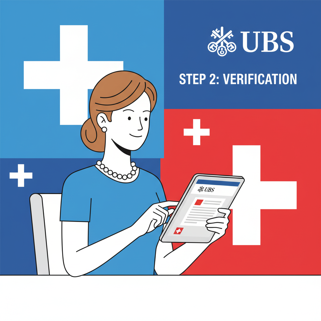 elegant client verifying documents on tablet with UBS logo and Swiss flag background