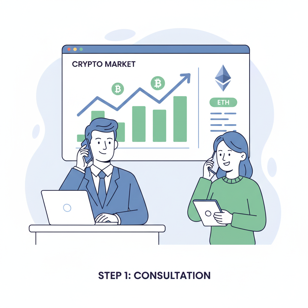 professional phone call with banker and client, crypto charts in background