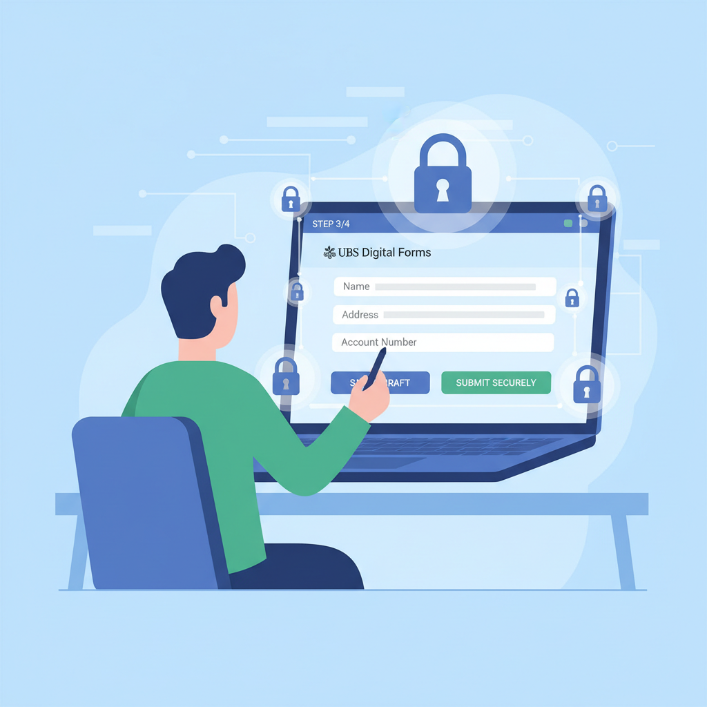 person filling digital forms on laptop with security locks and UBS interface