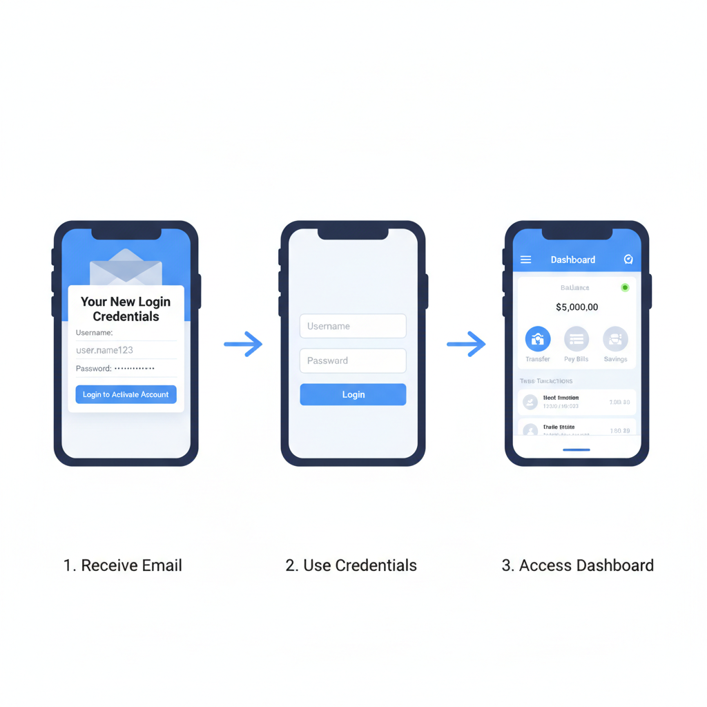 receiving email with login credentials, modern banking app dashboard