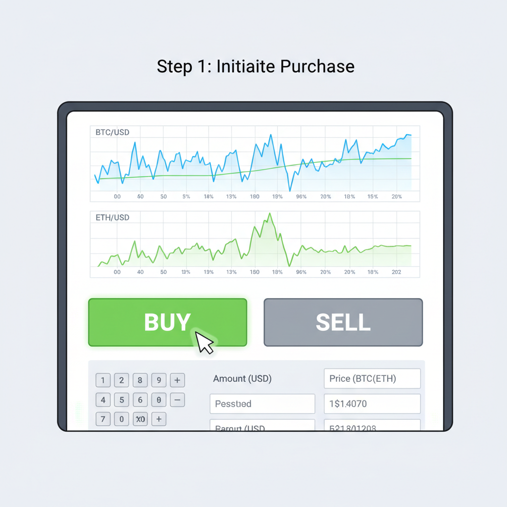trading screen showing BTC and ETH charts, buy button highlighted