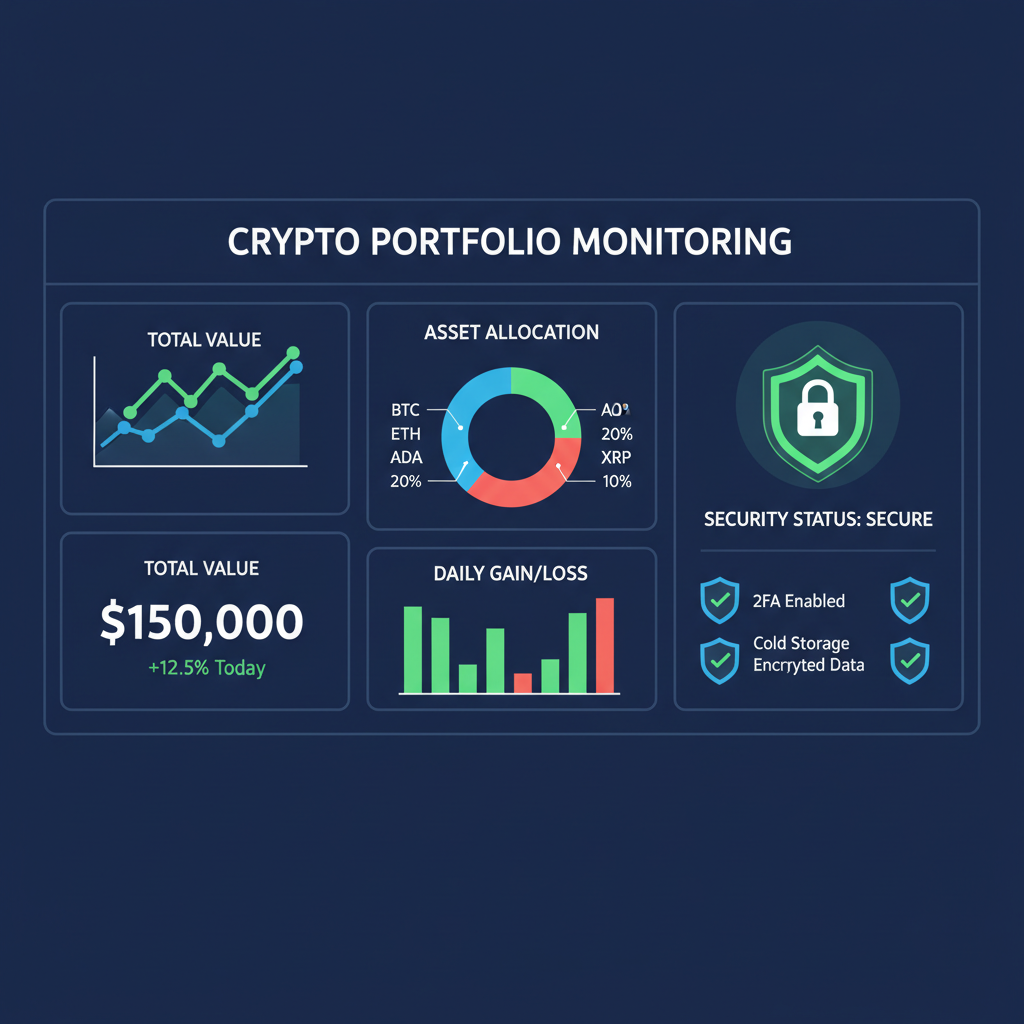 dashboard monitoring crypto portfolio with graphs and security shields