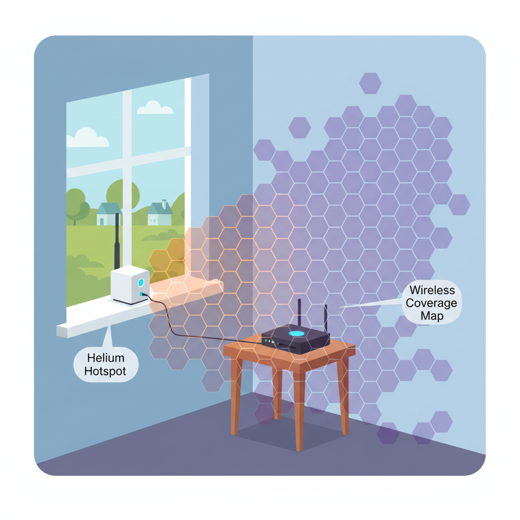 indoor room with Helium hotspot near window, WiFi router nearby, coverage map overlay